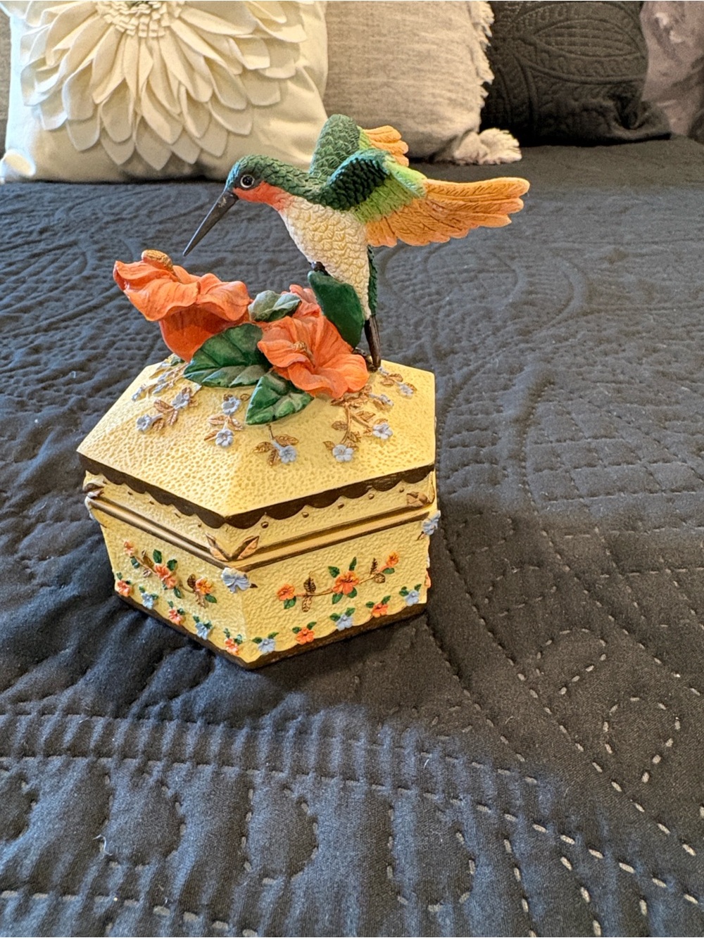 Hand-Painted Hummingbird Trinket Box in Yellow, Green and Orange